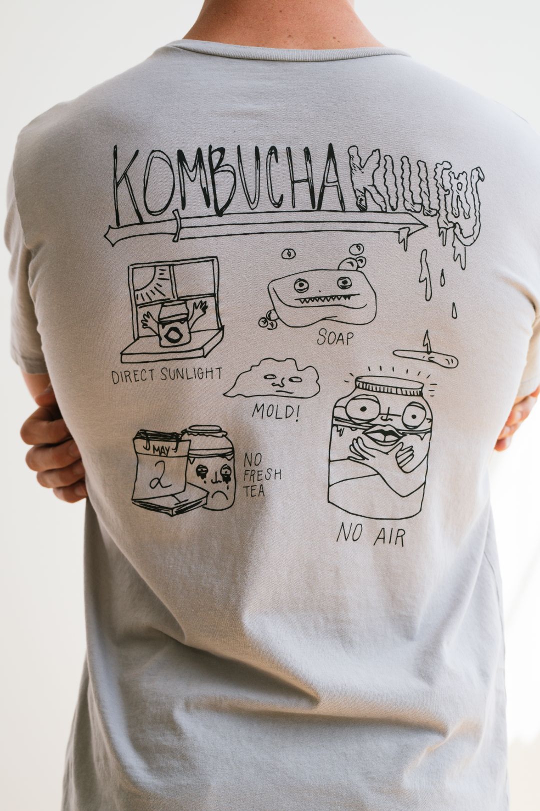 kombucha killers food illustration on back of grey boochcraft shirt