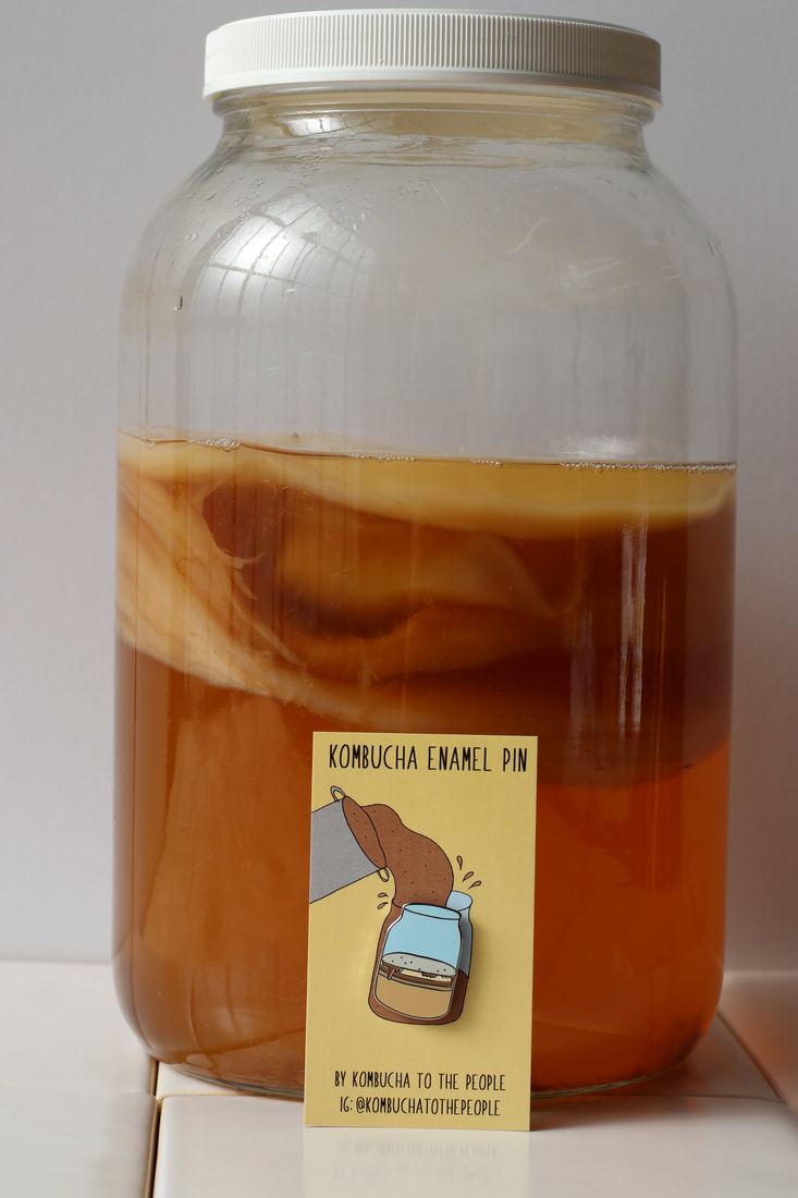 kombucha enamel pin in front of jar of  kombucha