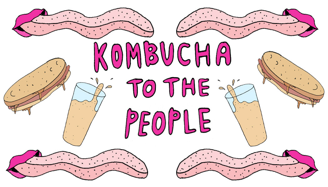 kombucha illustration art with mouths and tonges, scobys, cups of kombucha and the words kombucha to the people