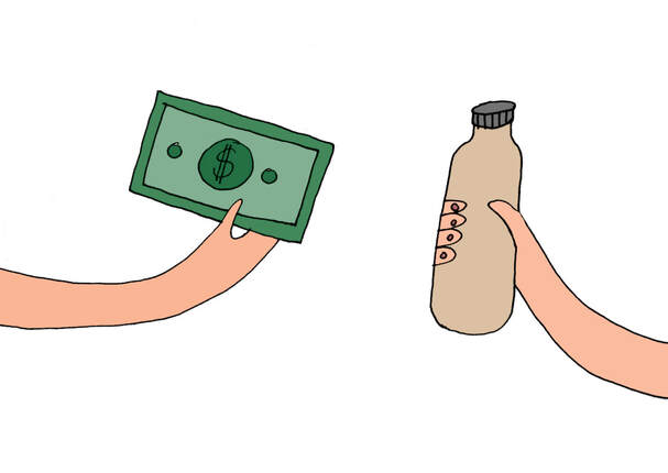 food illustration of kombucha bottles being traded for a dollar bill