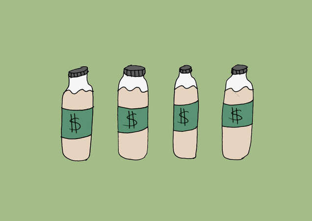 food illustration of four kombucha bottles with money signs on them